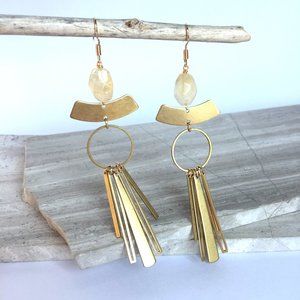 Agate hoop w/ long brass fringe Earrings
